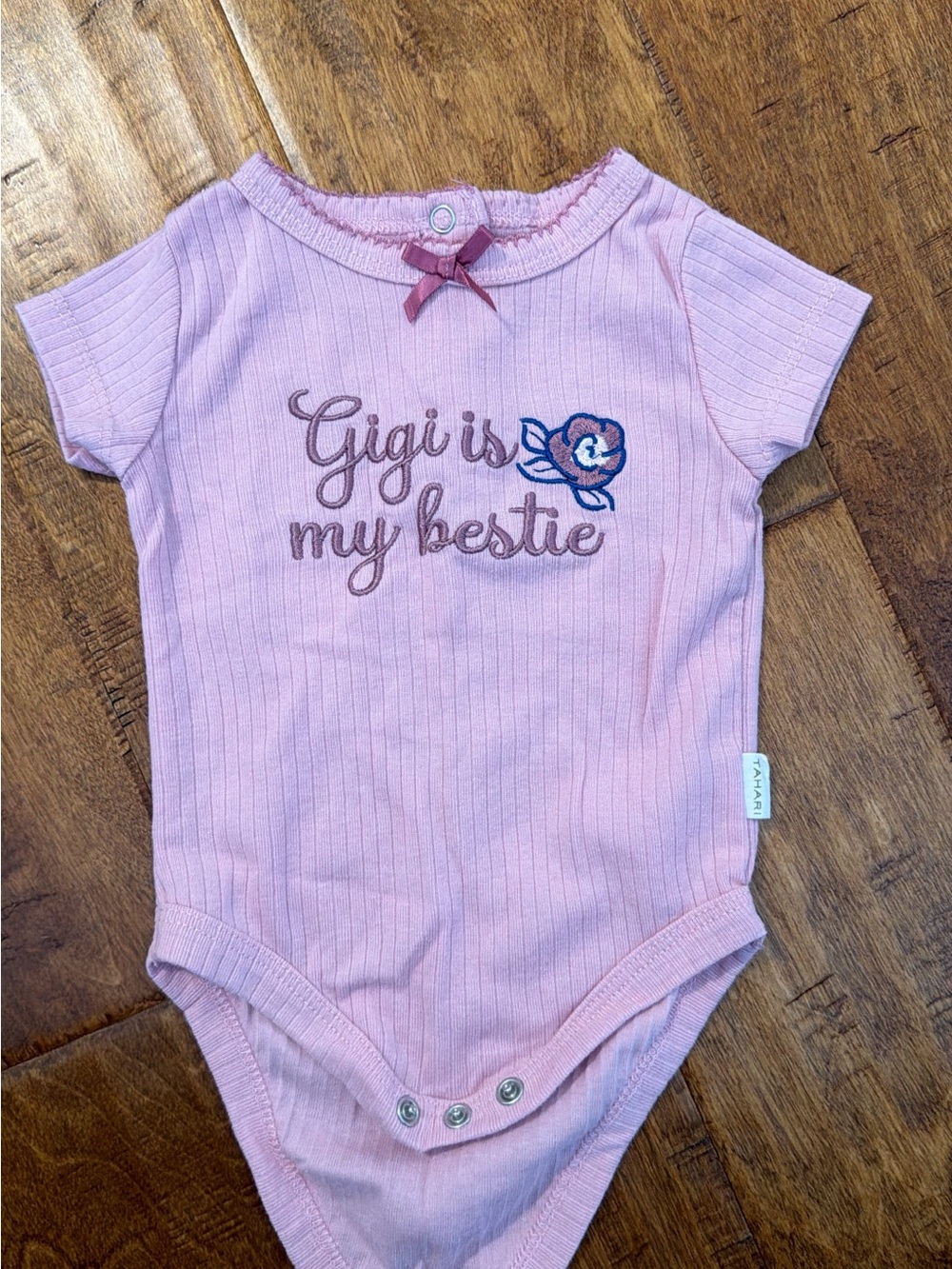 Pink "Gigi is my bestie" Ribbed Baby One-Piece